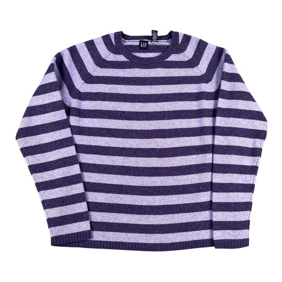 GAP Womens 100% Lambs Wool Striped Pullover Purple Sweater Sz Large - Picture 1 of 6